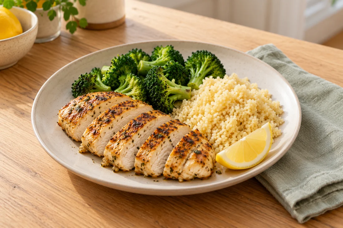 AI-generated serving illustration of Lemon chicken, broccoli & couscous