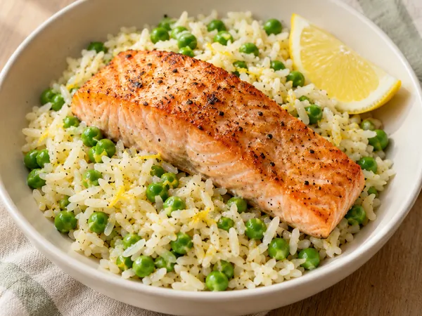 AI-generated serving illustration of Salmon, peas & lemon rice