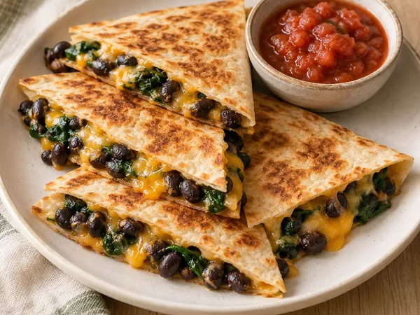 AI-generated serving illustration of Black bean & spinach quesadillas